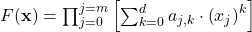 F(\mathbf{x}) = \prod_{j=0}^{j=m} \left[ \sum_{k=0}^{d} a_{j, k} \cdot \left( x_j \right)^{k} \right]