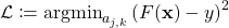 \mathcal{L} \coloneqq \argmin_{a_{j, k}} \left( F(\mathbf{x}) - y \right)^2