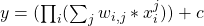 y = (\prod_i (\sum_j w_{i,j} * x_i^j)) + c